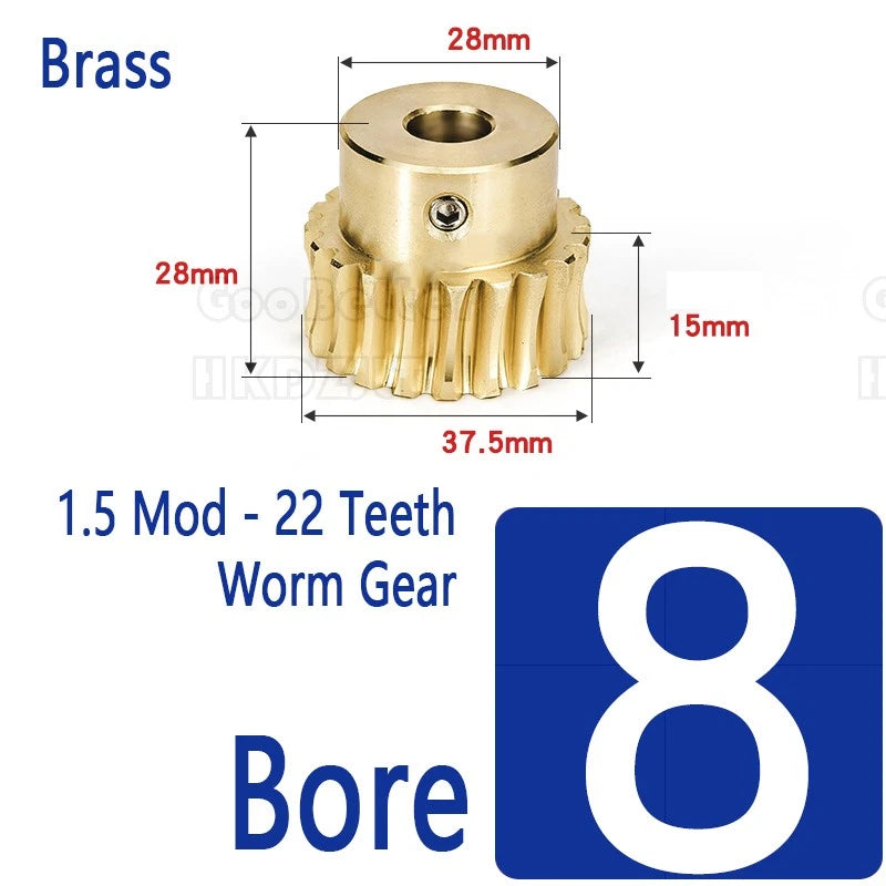 Mod 1.5 Worm Gear Wheel Brass 22 Tooth Worm Shaft Steel C45 Bore 8 mm - 15 mm