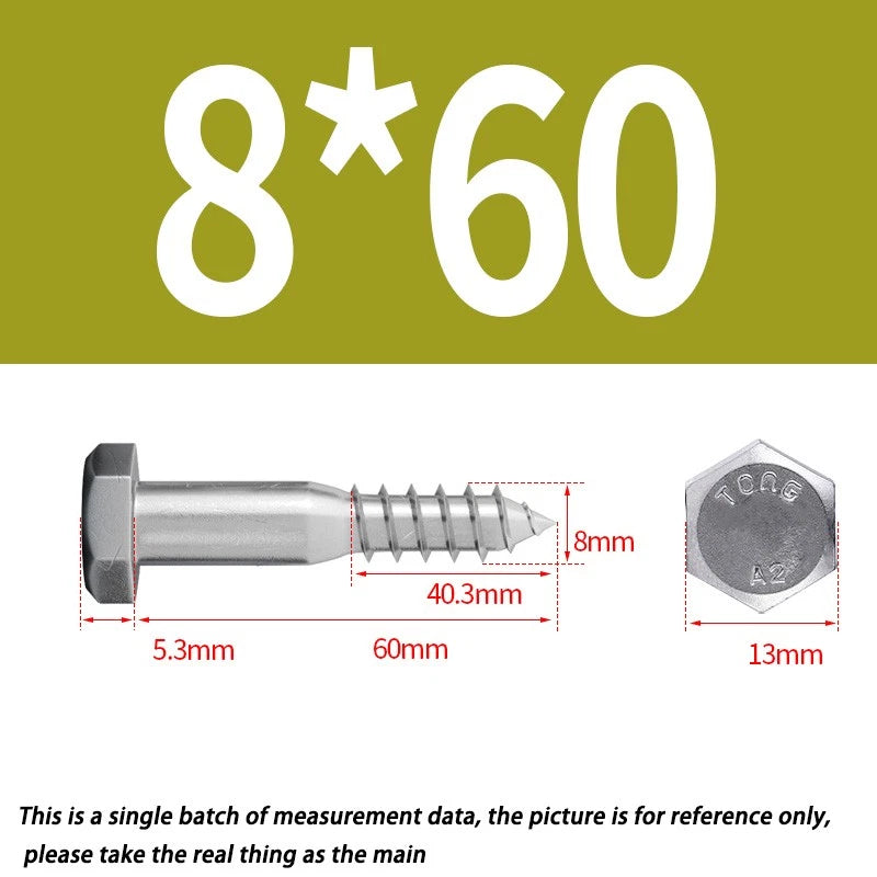 8mm M8 A2 STAINLESS STEEL SCREWS HEX HEAD LAG BOLTS WOOD SCREW BOLT DIN571