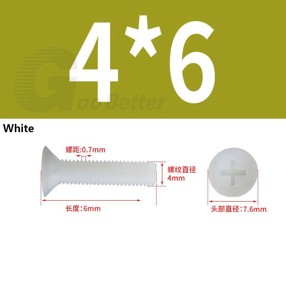 Nylon Phillips Countersunk Machine Screws – M2.5 M3 M4 M5 M6 M8, White or Black (5–40mm)