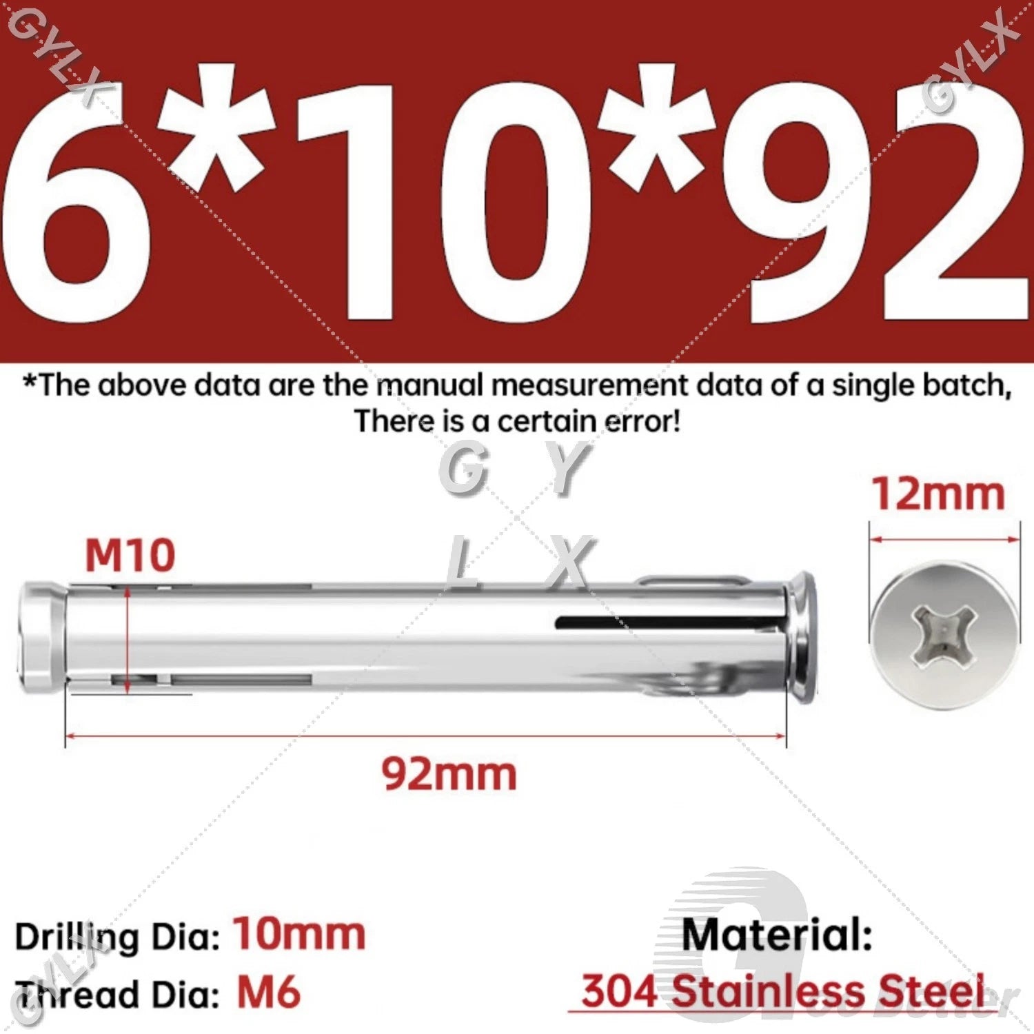 M6 Countersunk Sleeve Anchor Expansion Bolts — 304 / 201 Stainless Steel, Cross Drive