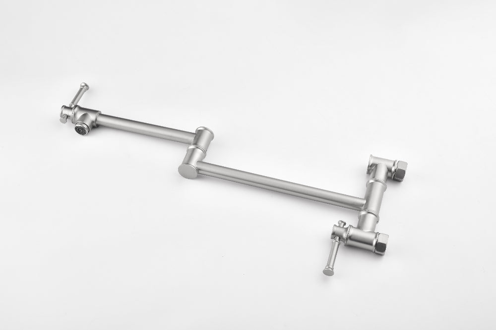 Wall Mounted Pot Filler Faucet – Brushed Nickel, Two-Attachment Folding Swing Arm, Dual Handle, Solid Brass