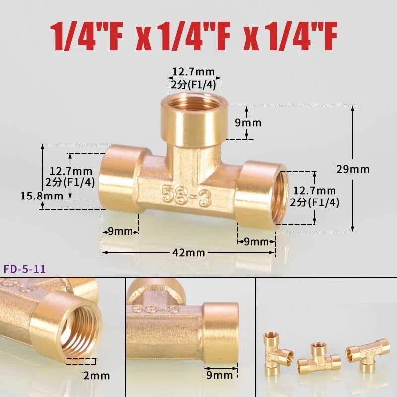 Brass BSP Tee Fitting 1/8" 1/4" 3/8" — Male Female Thread Pipe Connector