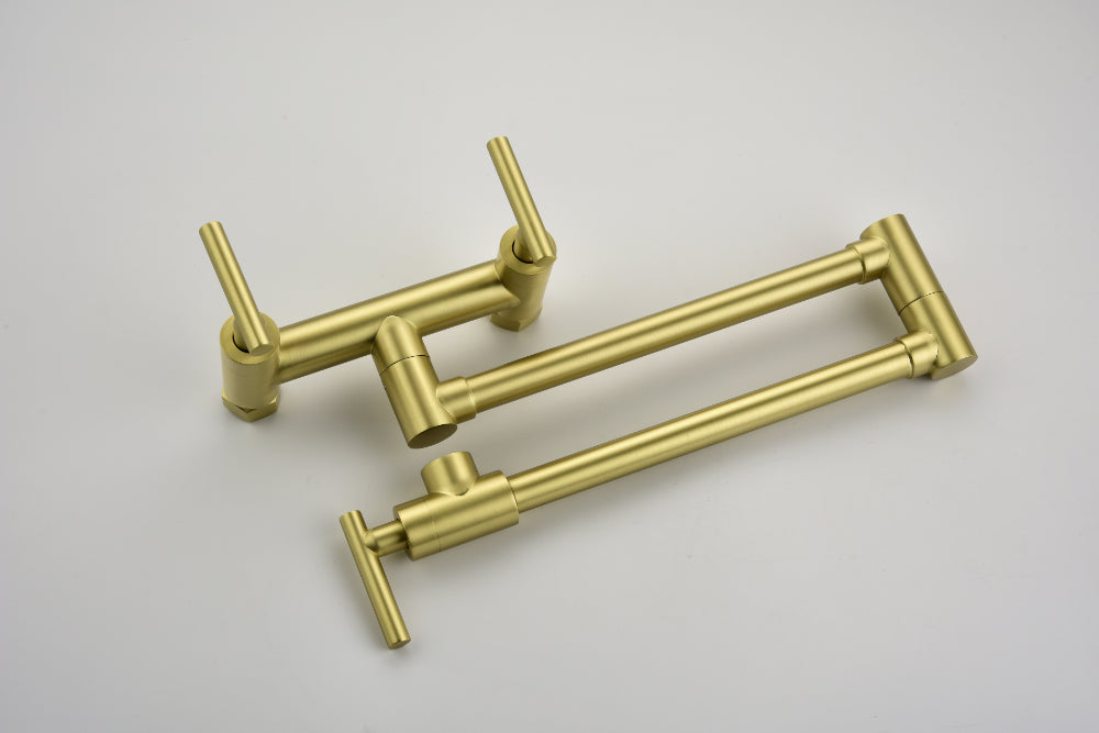3-Handle Wall Mounted Pot Filler Faucet – Brushed Gold, Swing Arm, Hot & Cold Water, Solid Brass