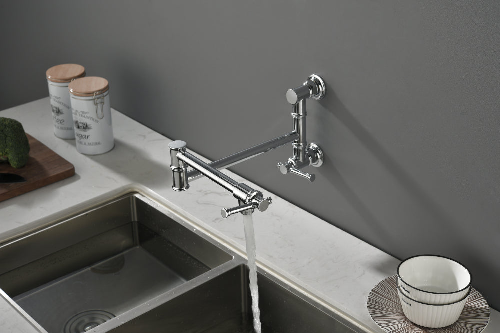 Wall Mounted Pot Filler Faucet – Chrome, Two-Attachment Folding Swing Arm, Dual Handle, Solid Brass