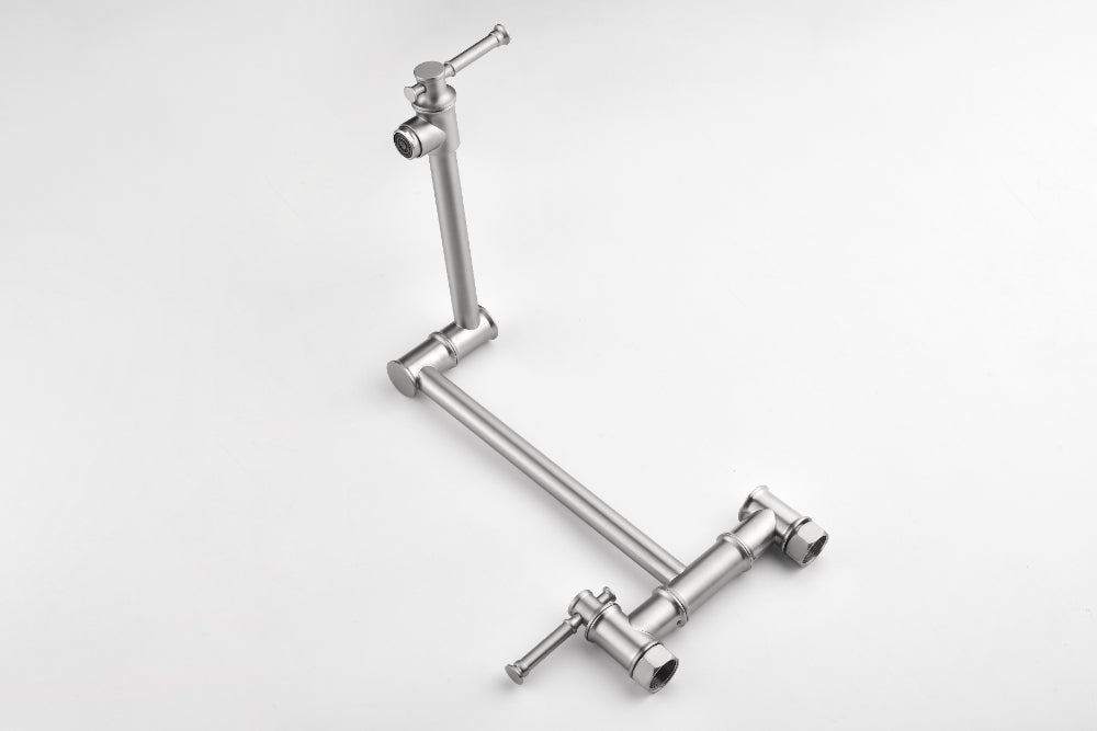Wall Mounted Pot Filler Faucet – Brushed Nickel, Two-Attachment Folding Swing Arm, Dual Handle, Solid Brass