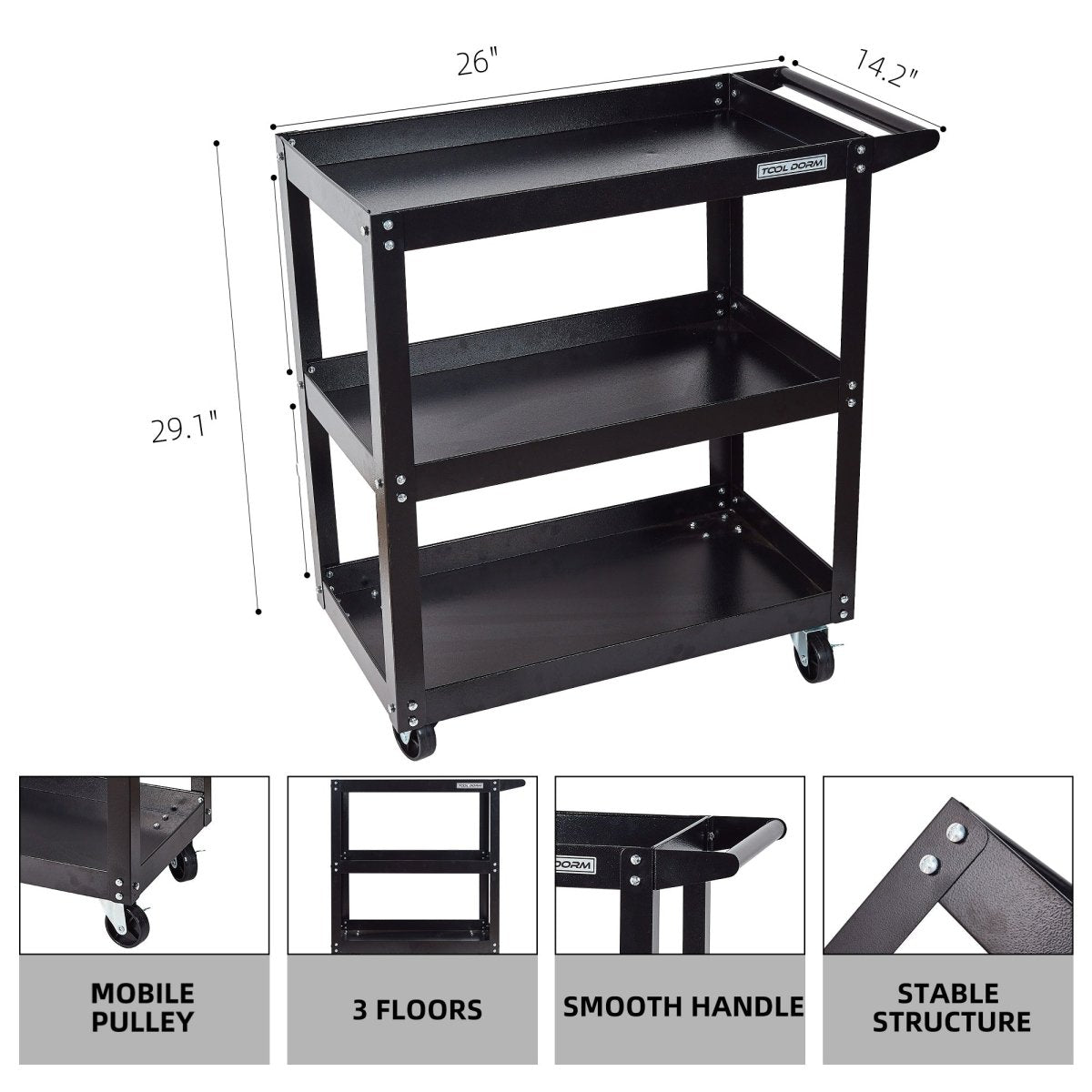 Black Tool Cart 3 - Tier 26*14.2*30.3 Inch(L*W*H) - HomeDIYer