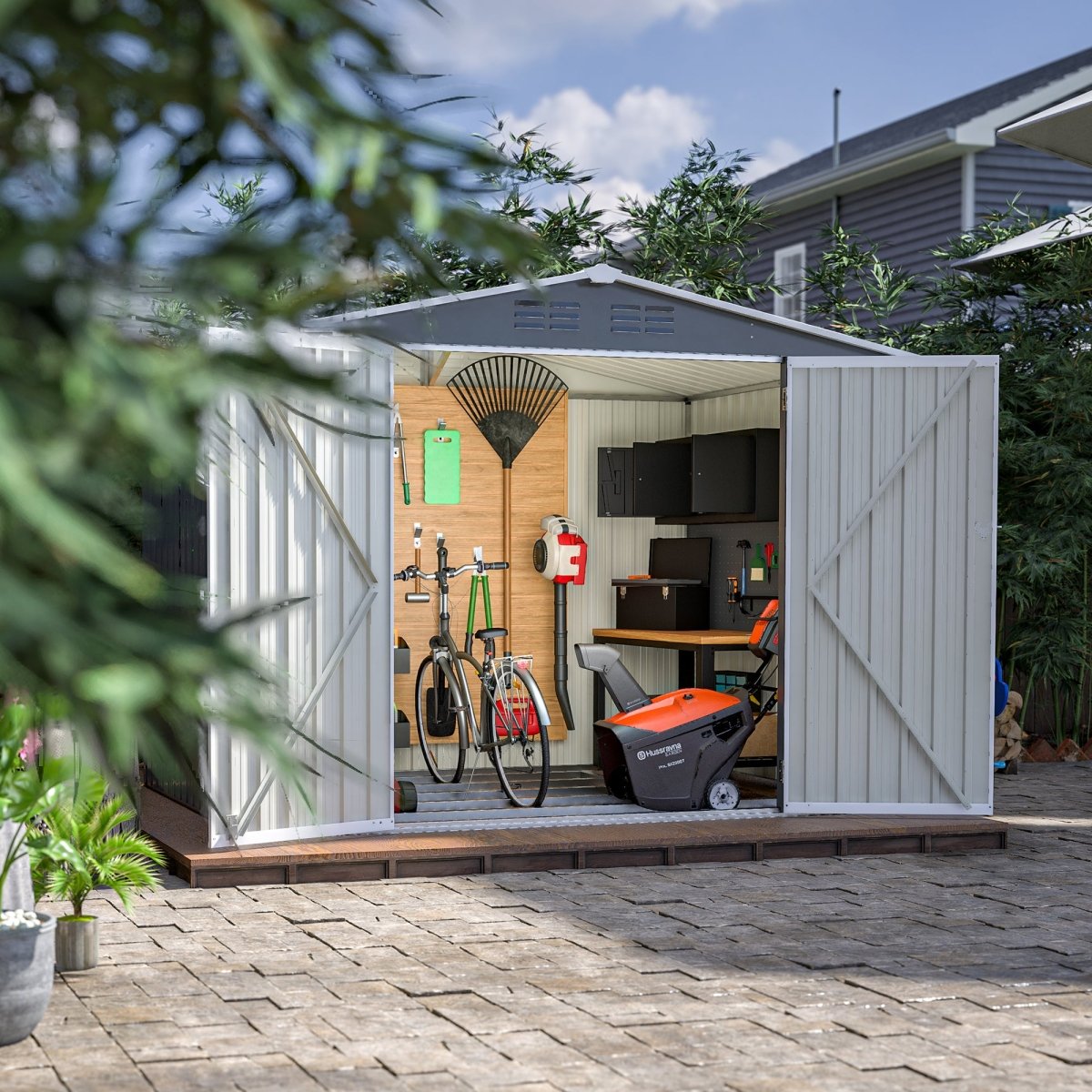 8 x 6 FT Outdoor Waterproof Garden Tool Storage Sheds with Metal Foundation with Floor Frame, Tool Shed with Lockable Hinged Doors & Air Vents, Storage House Waterproof for Backyard, Lawn, Gray - HomeDIYer