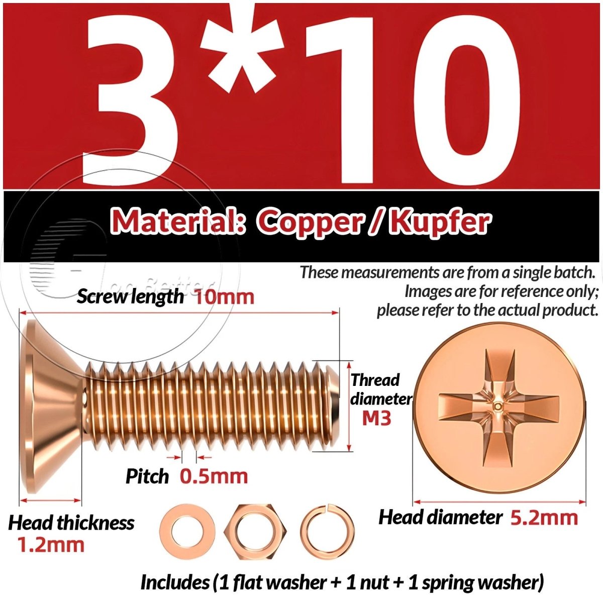 T2 Copper Pozi Countersunk Machine Screws with Flat Washer & Nut | M3–M10 - HomeDIYer