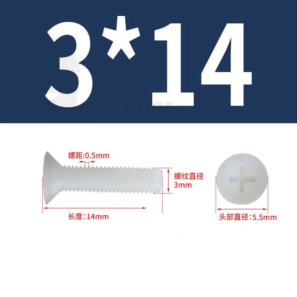 Nylon Phillips Countersunk Machine Screws – M2.5 M3 M4 M5 M6 M8, White or Black (5–40mm)