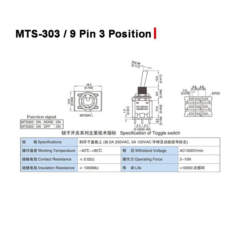MTS Series Toggle Switch SPDT — 3/6/9/12 Pin, 2/3 Position, ON-ON & Momentary, AC 2A 250V 5A 120V