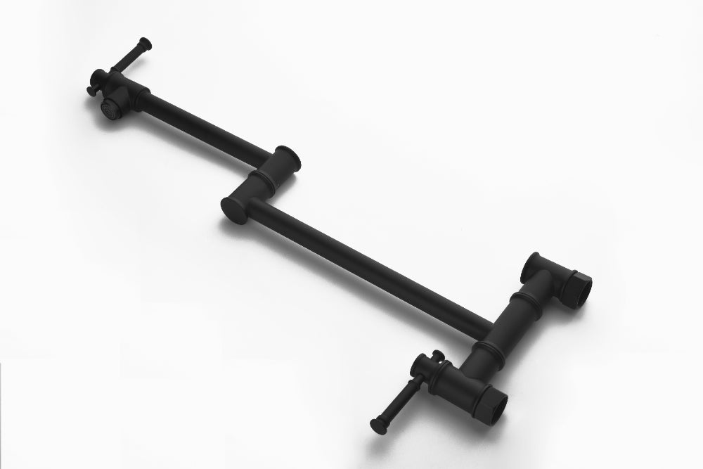 Wall Mounted Pot Filler Faucet – Matte Black, Two-Attachment Folding Swing Arm, Dual Handle, Solid Brass