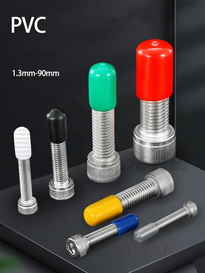 PVC End Caps for Screws, Bolts, Rods & Tubes – Thread Cover Protector, Cable Insulation Caps (1.3mm – 90mm, Black, 15-50mm Lengths)