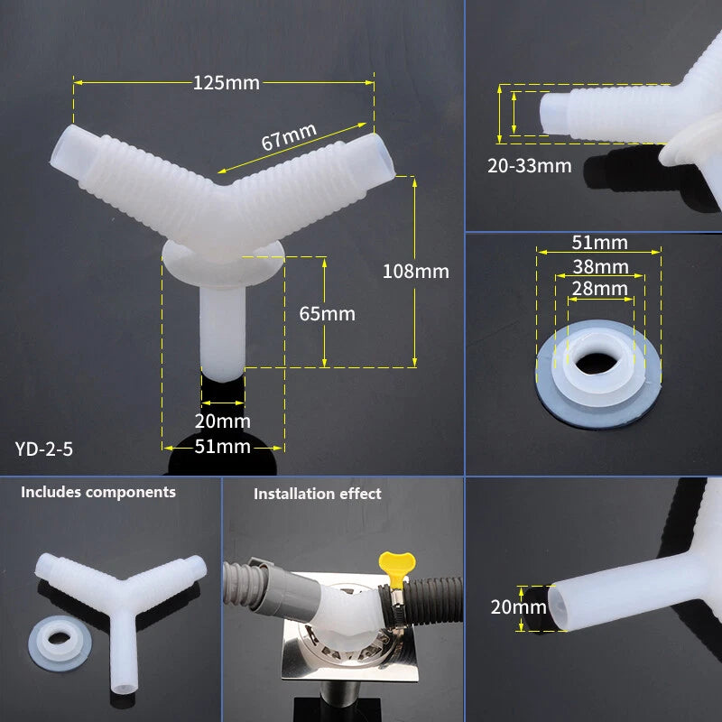 Washing Machine Drain Hose Connector — Y Splitter & Elbow Pipe Fitting Adapter