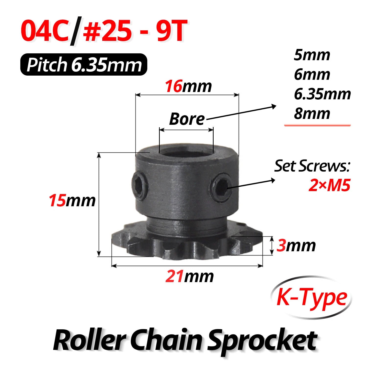 #25 Roller Chain Sprocket 04C 9T-40T Tooth Bore 5mm-20mm Pitch 6.35mm (1/4 inch)