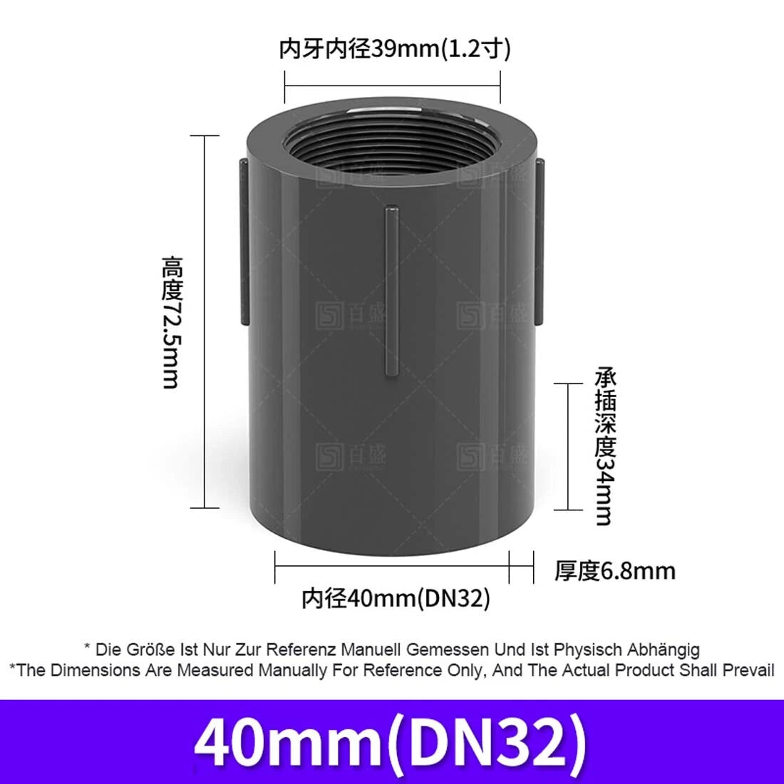 PVC Nipple Bsp Female Threaded Pressure Fittings Pipe Fitting ID 20mm~63mm Grey
