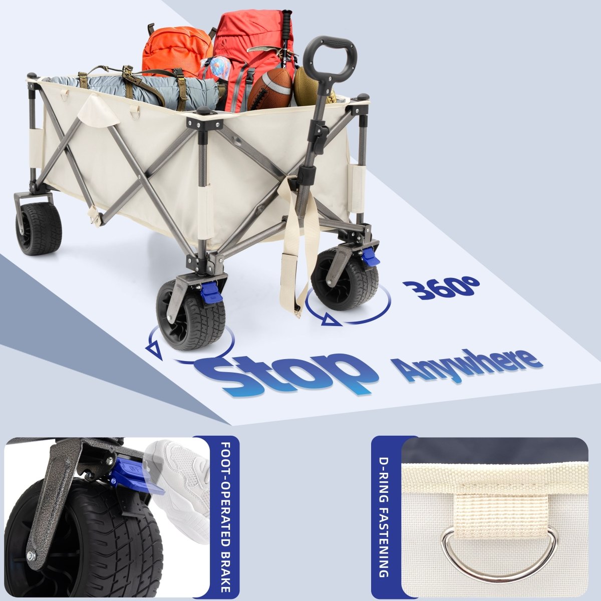 Folding Wagon, Heavy Duty Utility Beach Wagon Cart for Sand with Big Wheels wagon is made of strong steel frame and 600D Oxford fabric - HomeDIYer