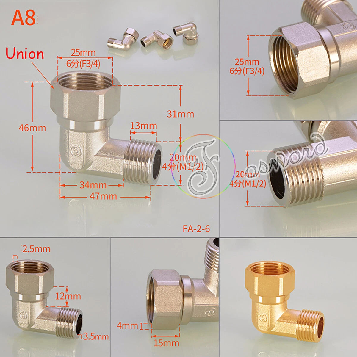 3/4" - 1/2" BSP Brass Pipe Fittings – Elbow 90°, Tee & Union Coupler, Male & Female Thread
