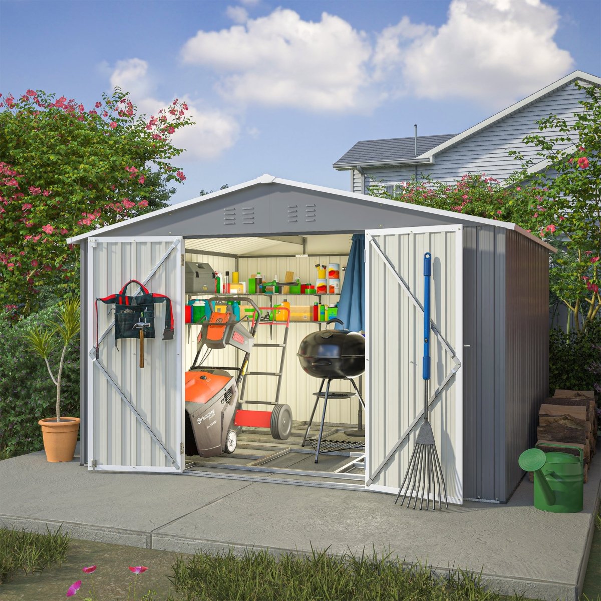 10X8 FT Outdoor Tool Storage Shed with Metal Foundation & Lockable Doors, All Weather Metal Sheds for Garden, Patio, Backyard, Lawn, Gray - HomeDIYer