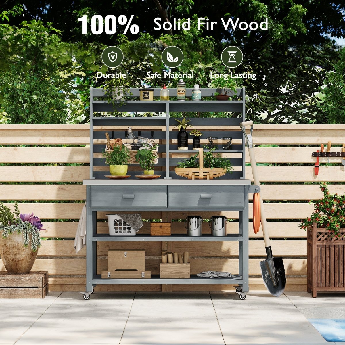 64.9"H Outdoor Potting Bench Table with Lockable Wheels, Solid Wood Outdoor Kitchen Island with Upper Hutch, Stainless Steel Top, Towel Rack ,Outdoor Storage for Grilling, Lawn Garden - Grey Blue - HomeDIYer