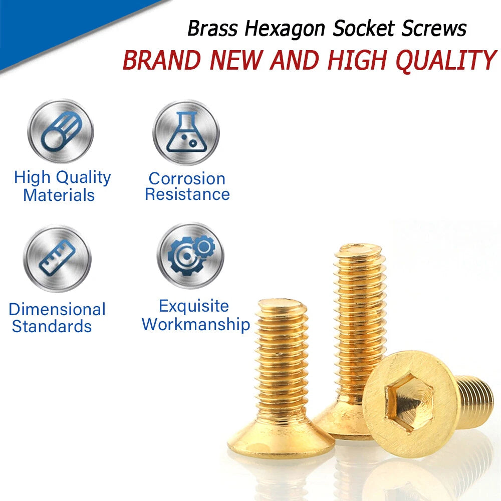 Solid Brass Hex Socket Countersunk Machine Screws – M3 to M12, Allen Drive, Flat Head (8–50mm)