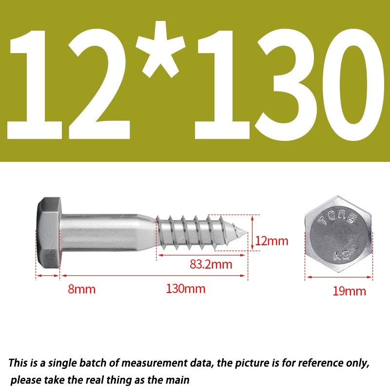 12mm M12 A2 STAINLESS STEEL SCREWS HEX HEAD LAG BOLTS WOOD SCREW BOLT DIN571