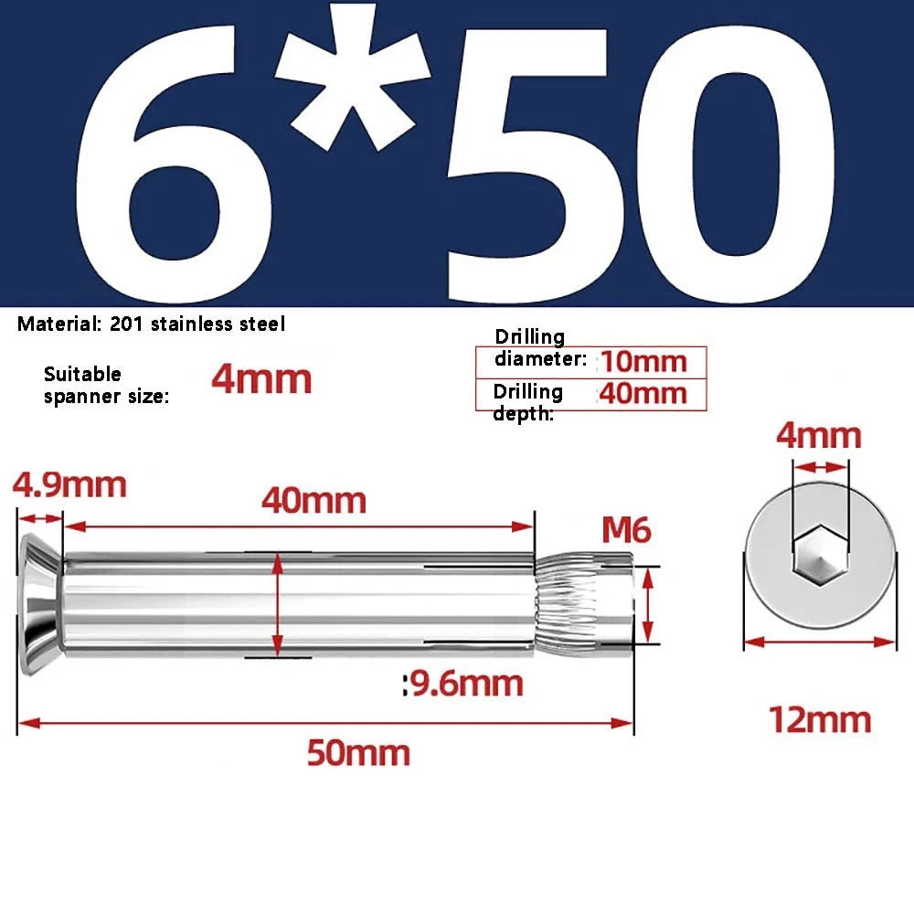 M6–M12 Countersunk Expansion Bolts | 201 Stainless Steel Hex Socket Sleeve Anchors