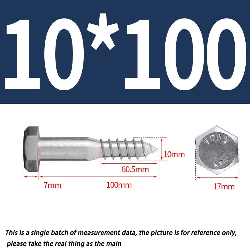M10 10mm A2 STAINLESS STEEL SCREWS HEX HEAD LAG BOLTS WOOD SCREW BOLT DIN571