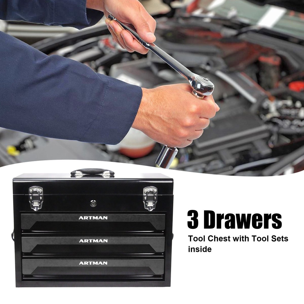 20'' Portable 3 - Drawer Steel Toolbox, 4 Layers of Tools with Metal Latches, with Top Storage Tray and carrying Handle, Multi - Function Tool Storage for Garage, Home, or Workbench,Black - HomeDIYer
