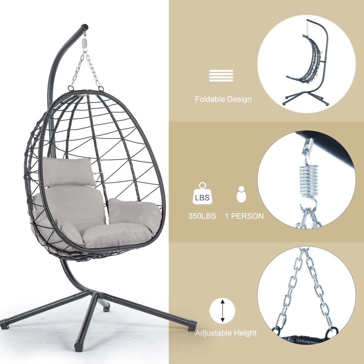 Egg Chair with Stand Indoor Outdoor Swing Chair Patio Wicker Hanging Egg Chair Hanging Basket Chair Hammock Chair with Stand for Bedroom Living Room Balcony Light Gray - HomeDIYer
