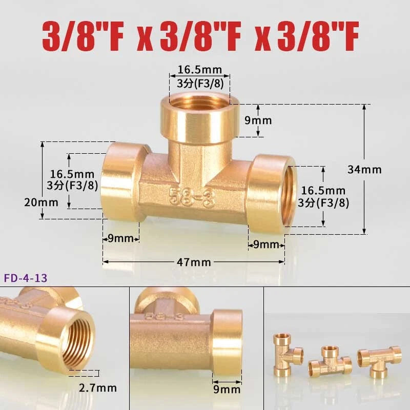Brass BSP Tee Fitting 1/8" 1/4" 3/8" — Male Female Thread Pipe Connector