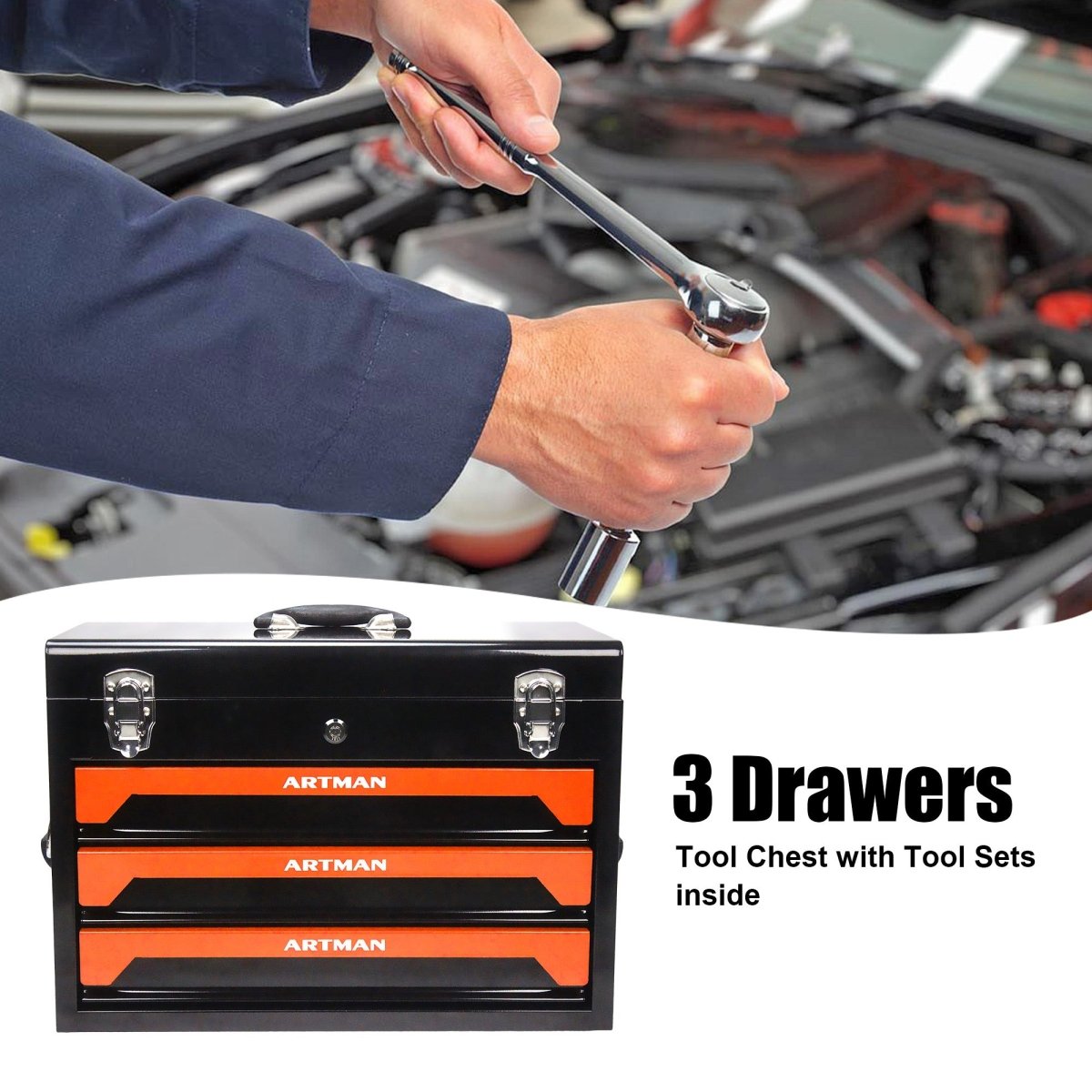 20'' Portable 3 - Drawer Steel Toolbox, 4 Layers of Tools with Metal Latches, with Top Storage Tray and carrying Handle, Multi - Function Tool Storage for Garage, Home, or Workbench ,Black&Orange - HomeDIYer