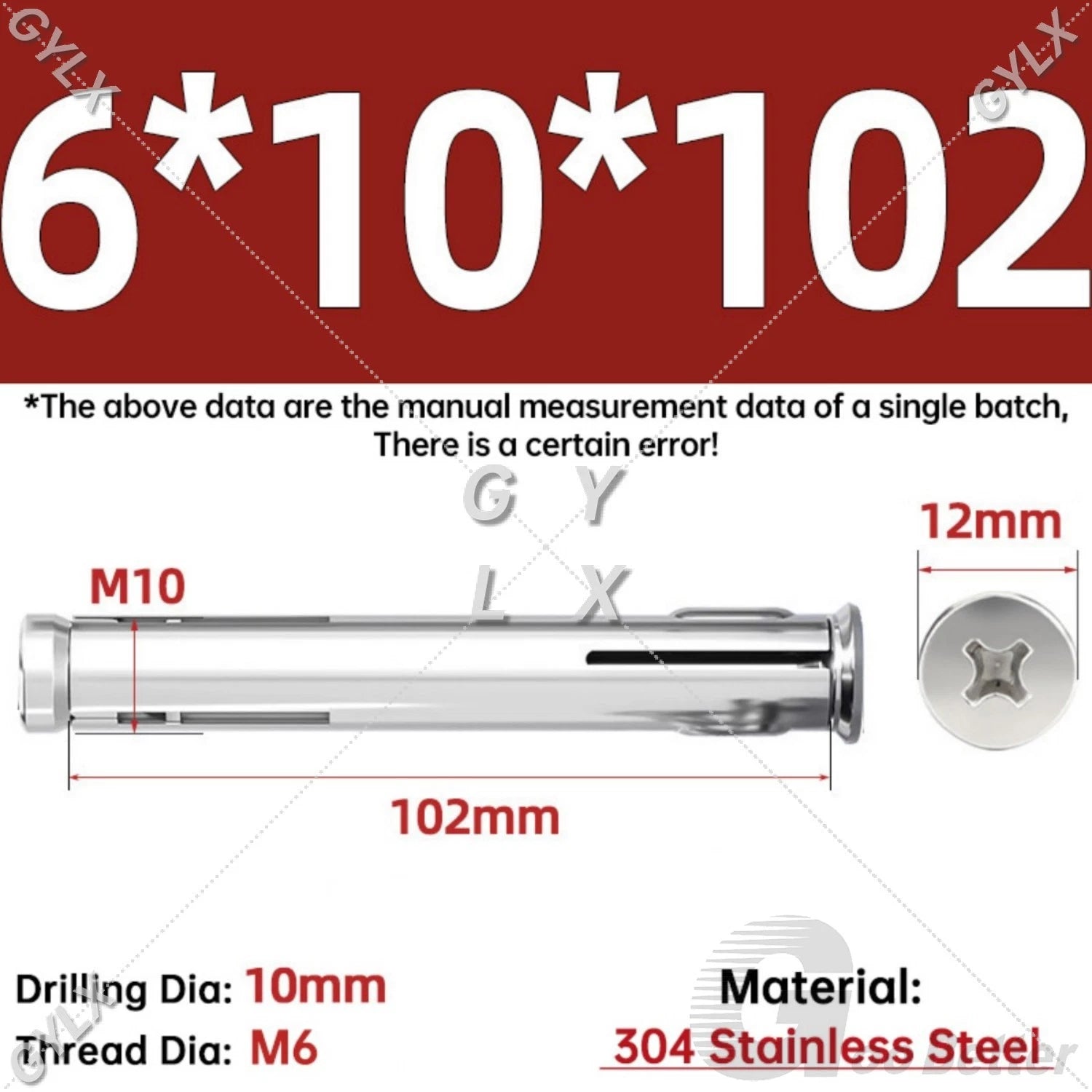M6 Countersunk Sleeve Anchor Expansion Bolts — 304 / 201 Stainless Steel, Cross Drive