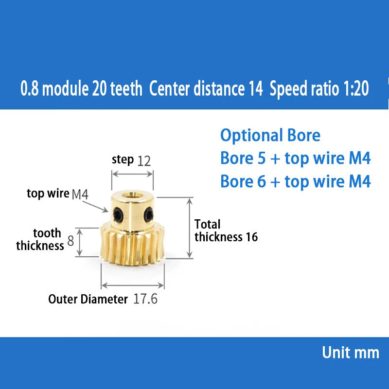 0.8 Module 20T to 60T Gear Copper Worm Wheel Gear & Worm Gear Shaft Bore 5-12mm