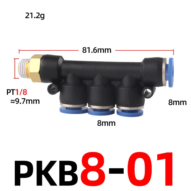 Pneumatic Push-In Hose Fittings — 5-Way Connectors, 4mm–10mm Hose to 1/8" 1/4" 3/8" Thread