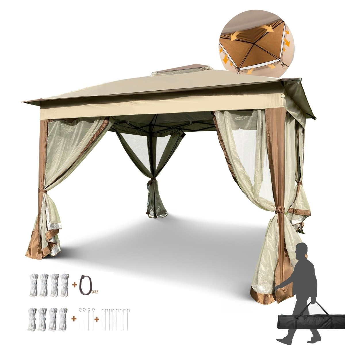 Outdoor 11x 11Ft Pop Up Gazebo Canopy With Removable Zipper Netting,2 - Tier Soft Top Event Tent,Suitable For Patio Backyard Garden Camping Area,Coffee - HomeDIYer