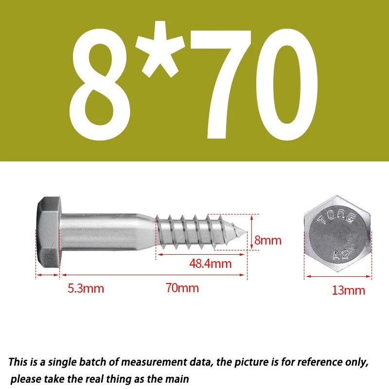 8mm M8 A2 STAINLESS STEEL SCREWS HEX HEAD LAG BOLTS WOOD SCREW BOLT DIN571