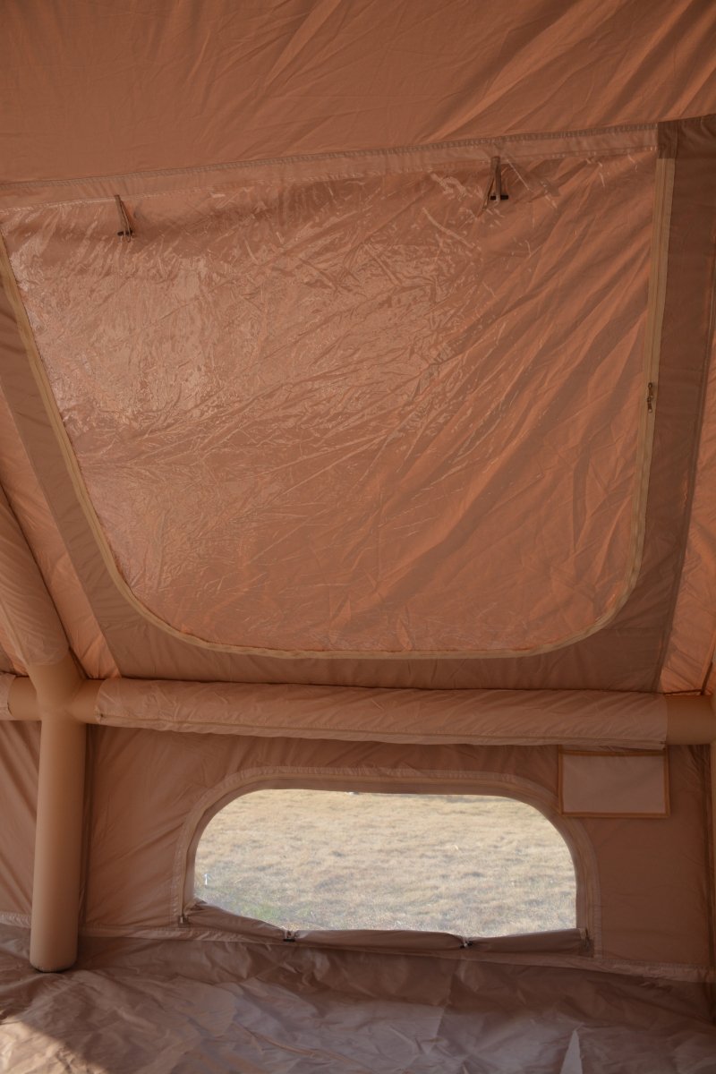 9.8 x13ft Inflatable Camping Tents with Hand Pump, Air Glamping Tents, Easy Setup Waterproof and Windproof Blow up Tent, 4 Seasons Oxford Cabin Tent with Mesh & Chimney Window. Beige - HomeDIYer