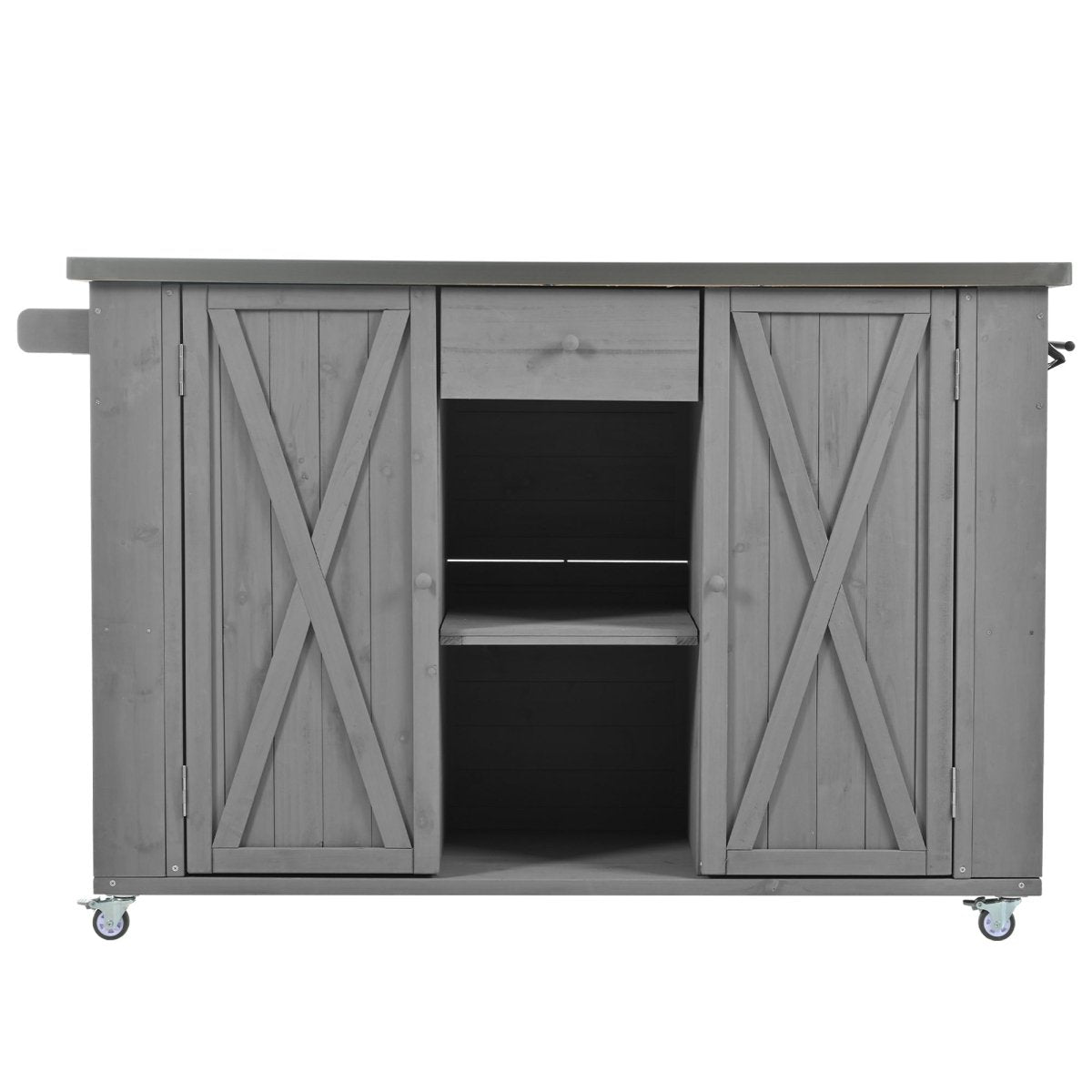 Grey Outdoor Kitchen Island with Stainless Steel Top | Foldable Fir Wood Prep Station - HomeDIYer