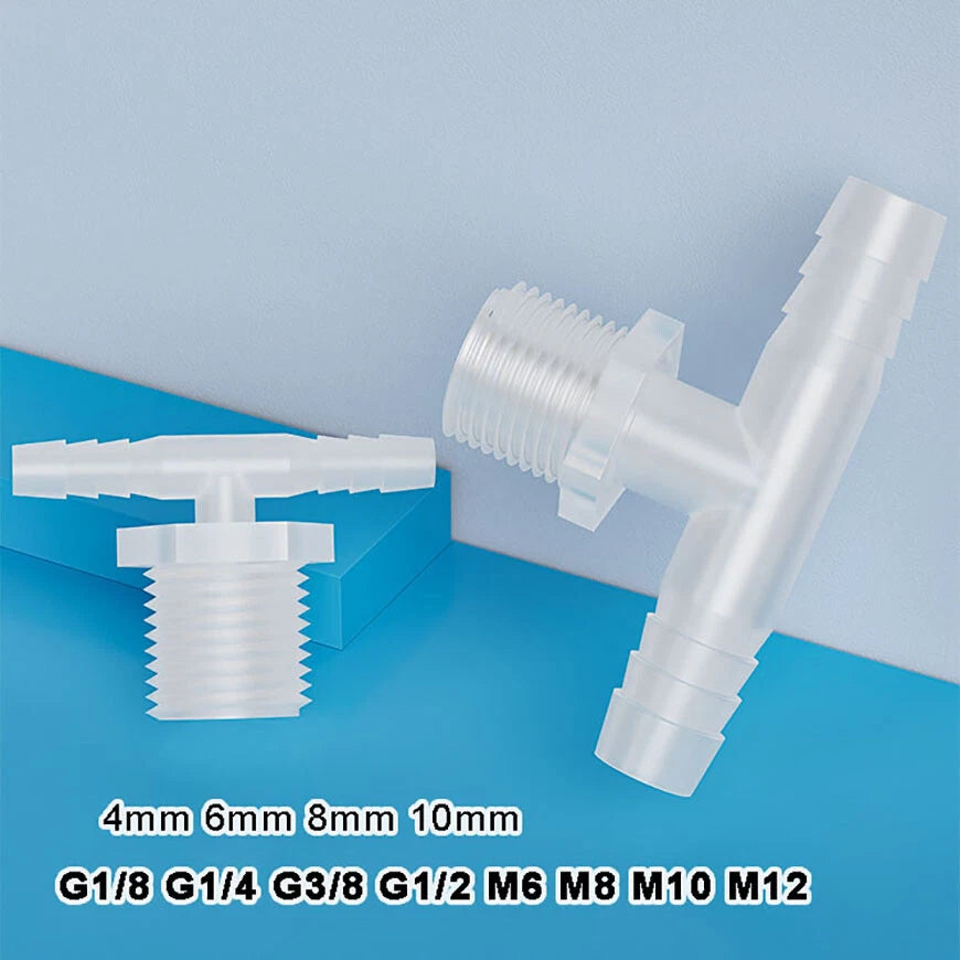 Plastic T Joiner Barbed X Male Thread Hose Connector Pipe Fittings Air Water