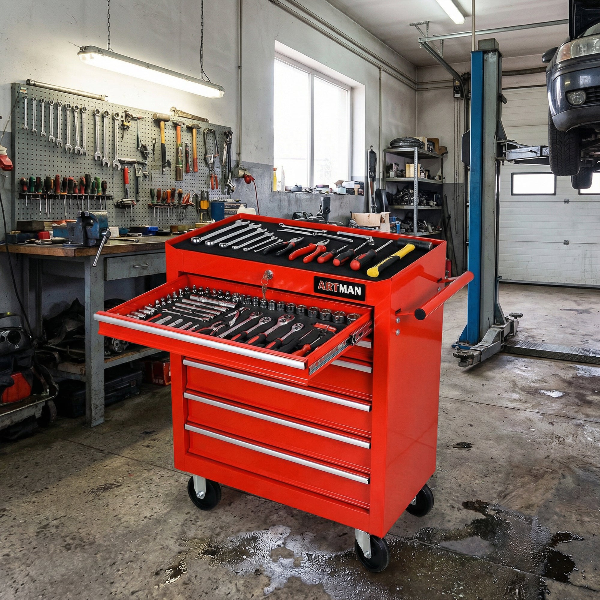 7-Drawer Multifunctional Tool Cart with Wheels – Red (ARTMAN)