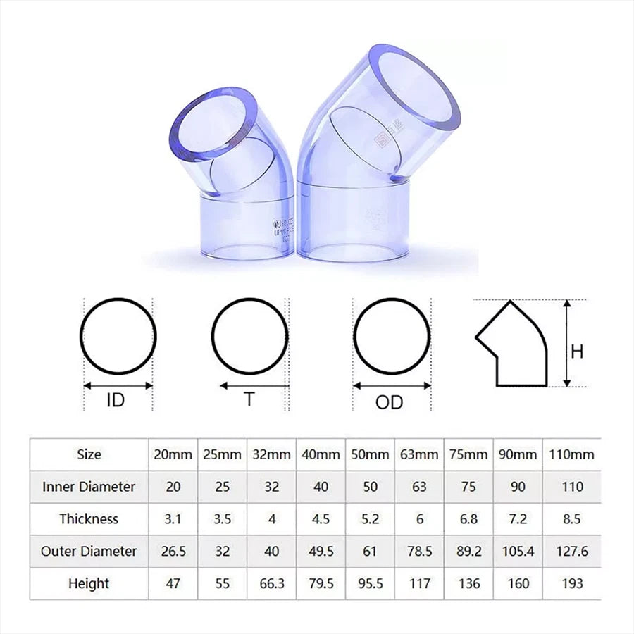 UPVC Clear 45° Elbow Plumbing Pipe Fittings For Aquarium & Fish Tank 20mm-110mm