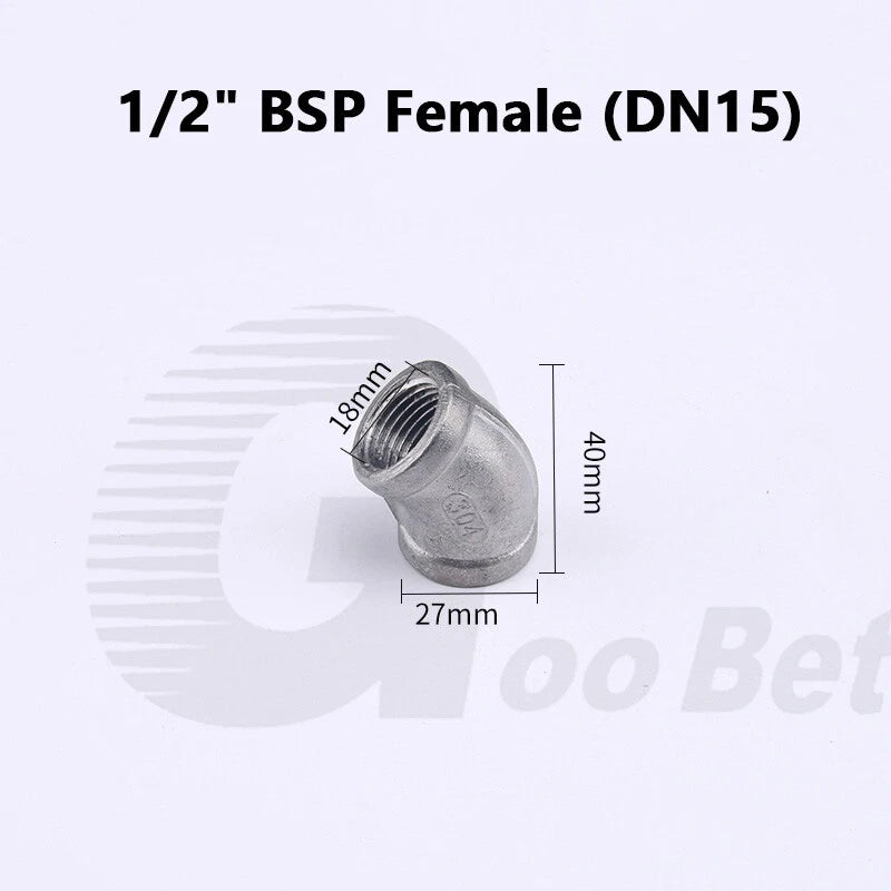 Stainless Steel 45° Elbow BSP Female Threaded Pipe Fitting — 304 SS, 1/8" to 2" (DN6–DN50)