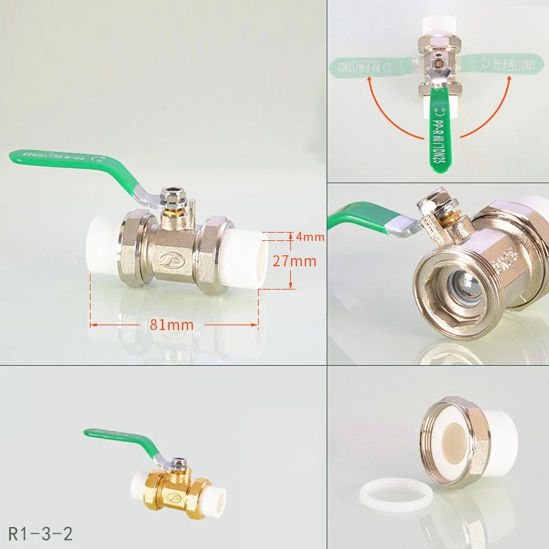 PPR Brass Ball Valves & Pipe Fittings 20–63mm | Green Handle | Multiple Types