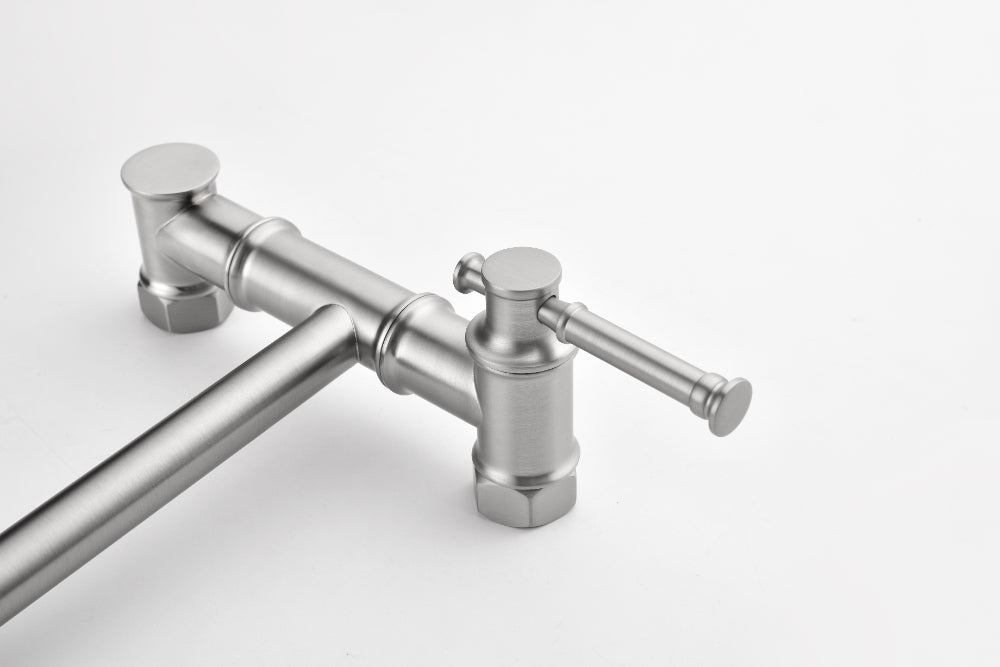 Wall Mounted Pot Filler Faucet – Brushed Nickel, Two-Attachment Folding Swing Arm, Dual Handle, Solid Brass