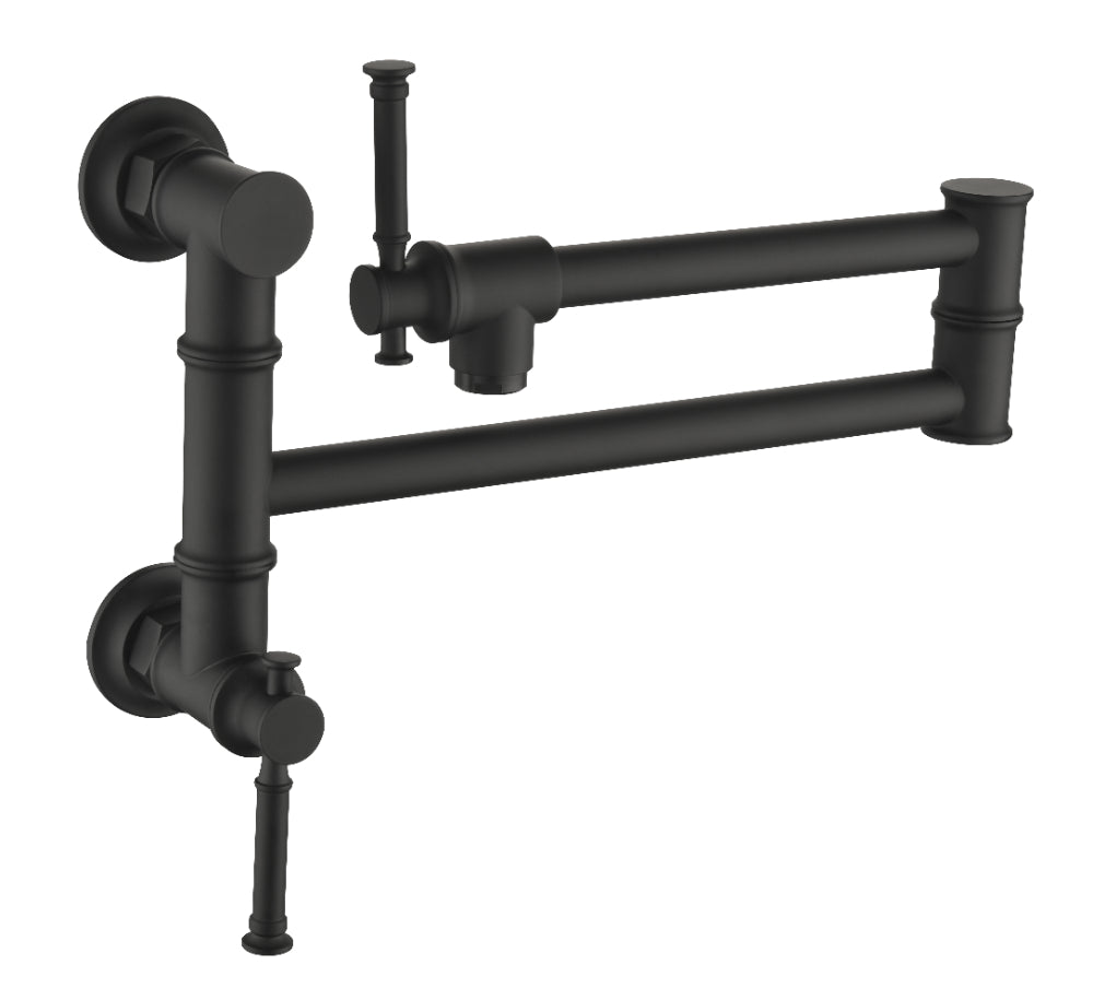 Wall Mounted Pot Filler Faucet – Matte Black, Two-Attachment Folding Swing Arm, Dual Handle, Solid Brass