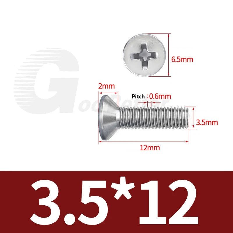 M1–M3.5 Phillips Countersunk Machine Screws – 304 Stainless Steel, Fully Threaded (3–120mm Overall Length) - HomeDIYer