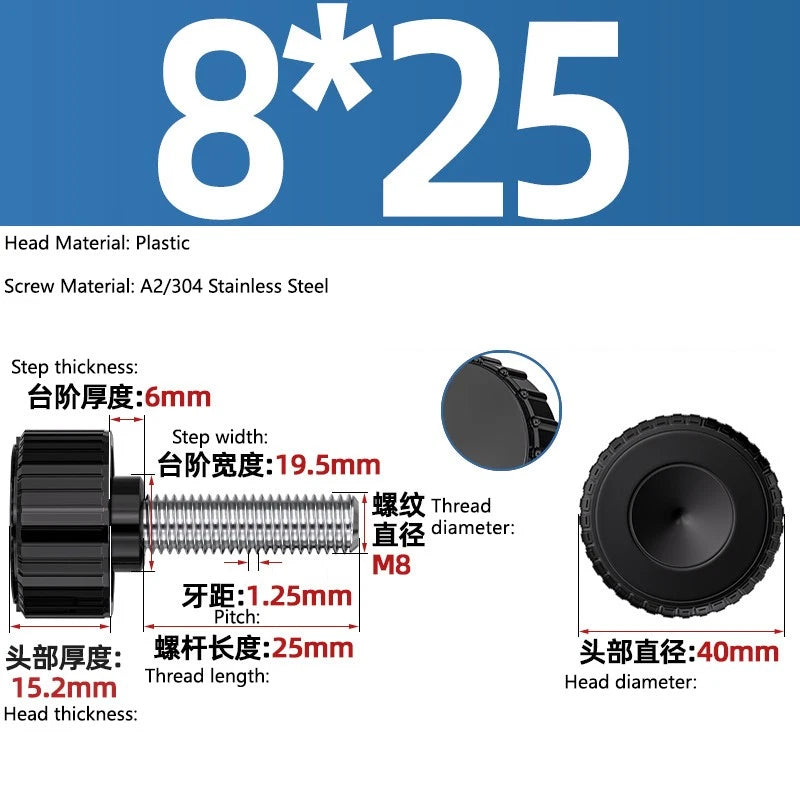 M3-M8 A2/304 Stainless Steel Plastic Knob Thumb Screws Hand Twist DIY Machinery