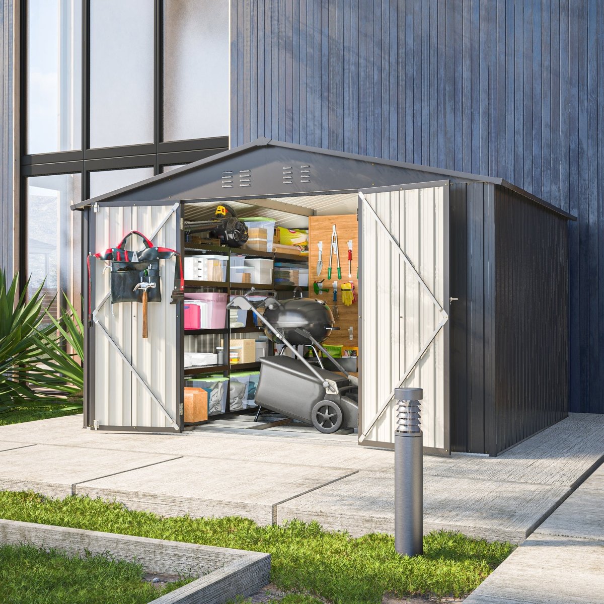 10X8 FT Outdoor Storage Shed, All Weather Metal Sheds with Lockable Doors, Tool Shed for Garden, Patio, Backyard, Lawn, Black - HomeDIYer