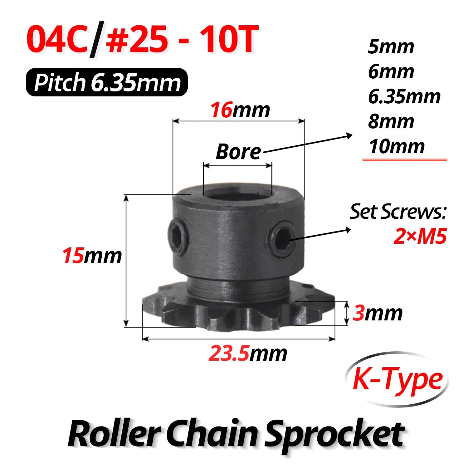 #25 Roller Chain Sprocket 04C 9T-40T Tooth Bore 5mm-20mm Pitch 6.35mm (1/4 inch)