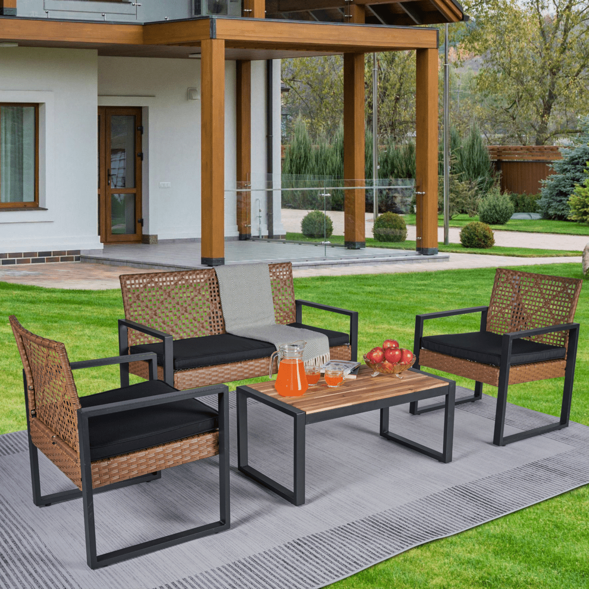 Patio Furniture Set 3 Piece Mixture Pattern PE Rattan Steel Frame And Modern Round Table, Brown and Black - HomeDIYer